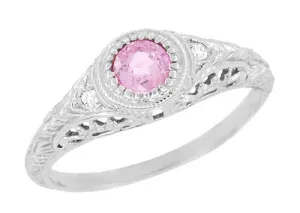 Art Deco Low Dome Engraved Filigree Pink Sapphire Engagement Ring with Side Diamonds in White Gold