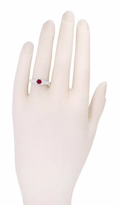 Art Deco Ruby and Diamond Filigree Engraved Engagement Ring in 14 Karat White Gold