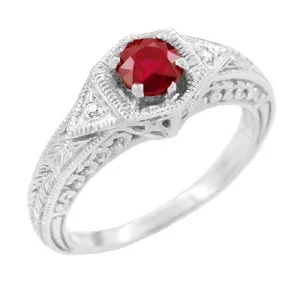 Art Deco Ruby and Diamond Filigree Engraved Engagement Ring in 14 Karat White Gold