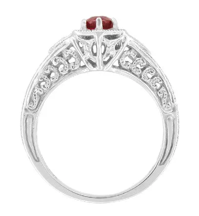 Art Deco Ruby and Diamond Filigree Engraved Engagement Ring in 14 Karat White Gold