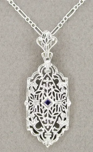 Art Deco Sapphire Filigree Pendant Necklace in 14 Karat White Gold