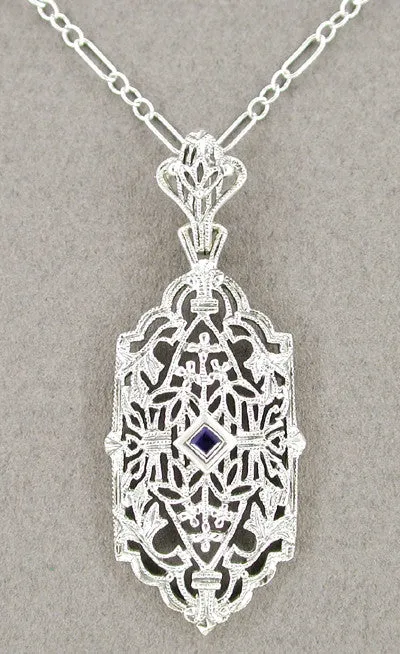 Art Deco Sapphire Filigree Pendant Necklace in 14 Karat White Gold