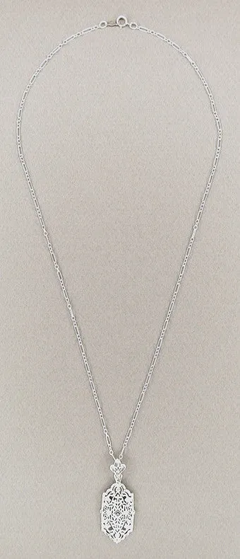 Art Deco Sapphire Filigree Pendant Necklace in 14 Karat White Gold