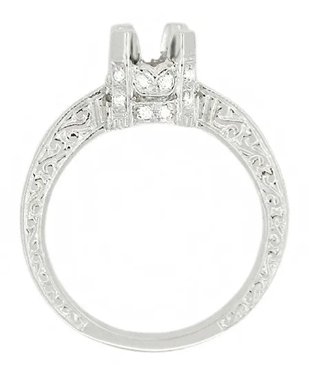 Art Deco Tapered Edge Engraved Crown Engagement Ring Setting for a 3/4 Carat Diamond in White Gold - 14K or 18K