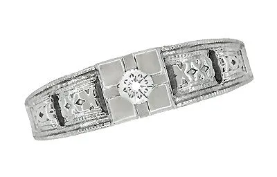Art Deco White Gold Filigree Tiered Diamond Engagement Ring - Low Profile