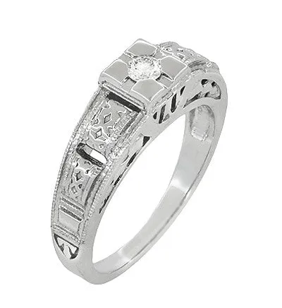 Art Deco White Gold Filigree Tiered Diamond Engagement Ring - Low Profile