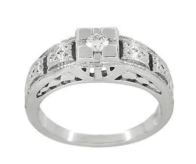 Art Deco White Gold Filigree Tiered Diamond Engagement Ring - Low Profile
