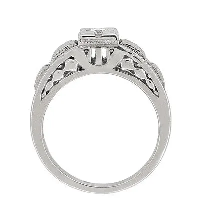 Art Deco White Gold Filigree Tiered Diamond Engagement Ring - Low Profile
