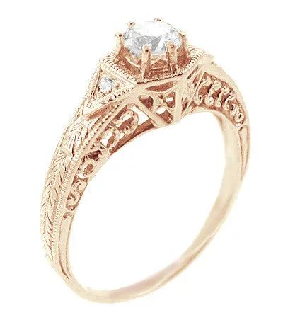Art Deco White Sapphire Filigree Engraved Engagement Ring in 14 Karat Rose ( Pink ) Gold
