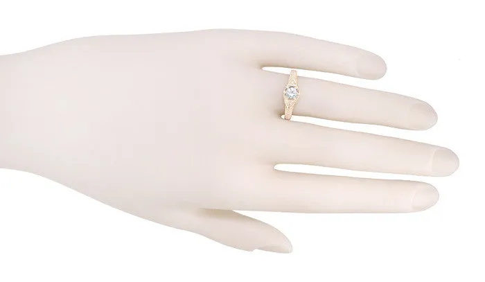 Art Deco White Sapphire Filigree Engraved Engagement Ring in 14 Karat Rose ( Pink ) Gold