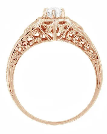 Art Deco White Sapphire Filigree Engraved Engagement Ring in 14 Karat Rose ( Pink ) Gold