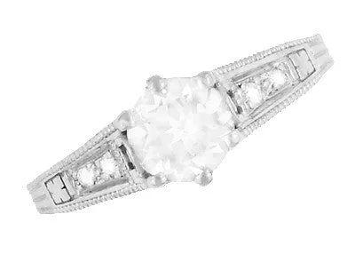 Art Deco White Sapphire Scroll Filigree Engagement Ring in 14 Karat White Gold