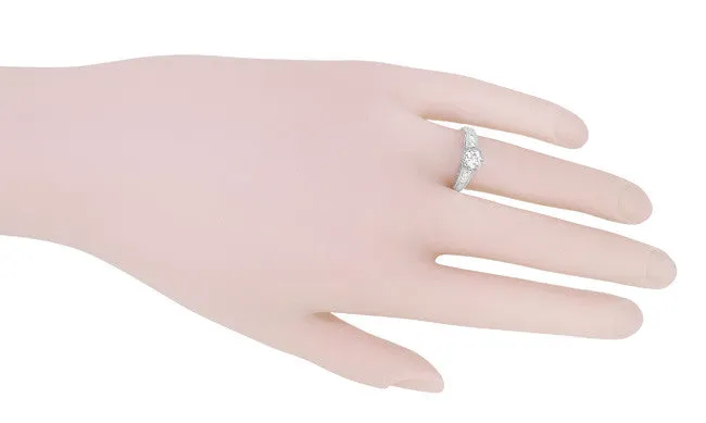 Art Deco White Sapphire Scroll Filigree Engagement Ring in 14 Karat White Gold