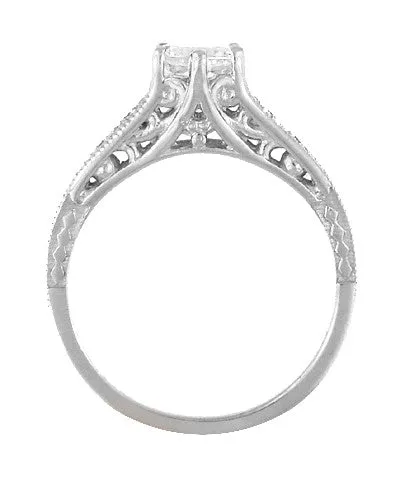 Art Deco White Sapphire Scroll Filigree Engagement Ring in 14 Karat White Gold