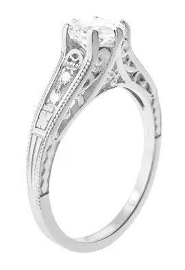 Art Deco White Sapphire Scroll Filigree Engagement Ring in 14 Karat White Gold
