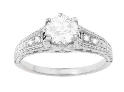 Art Deco White Sapphire Scroll Filigree Engagement Ring in 14 Karat White Gold