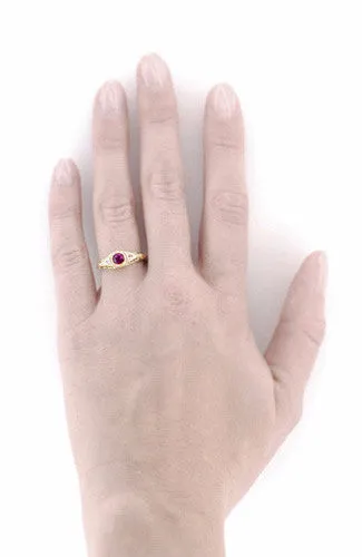 Art Deco Yellow Gold Rhodolite Garnet Filigree Engagement Ring with Side Diamonds