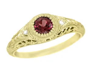 Art Deco Yellow Gold Rhodolite Garnet Filigree Engagement Ring with Side Diamonds