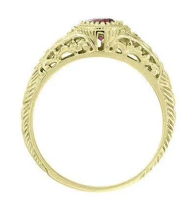 Art Deco Yellow Gold Rhodolite Garnet Filigree Engagement Ring with Side Diamonds