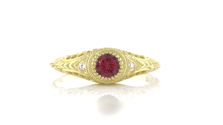 Art Deco Yellow Gold Rhodolite Garnet Filigree Engagement Ring with Side Diamonds
