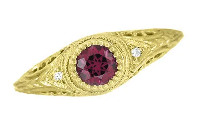 Art Deco Yellow Gold Rhodolite Garnet Filigree Engagement Ring with Side Diamonds