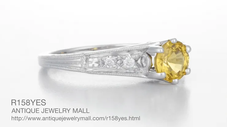 Art Deco Yellow Sapphire and Diamond Filigree Engagement Ring in 14 Karat White Gold