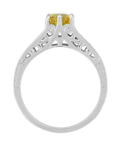 Art Deco Yellow Sapphire and Diamond Filigree Engagement Ring in 14 Karat White Gold