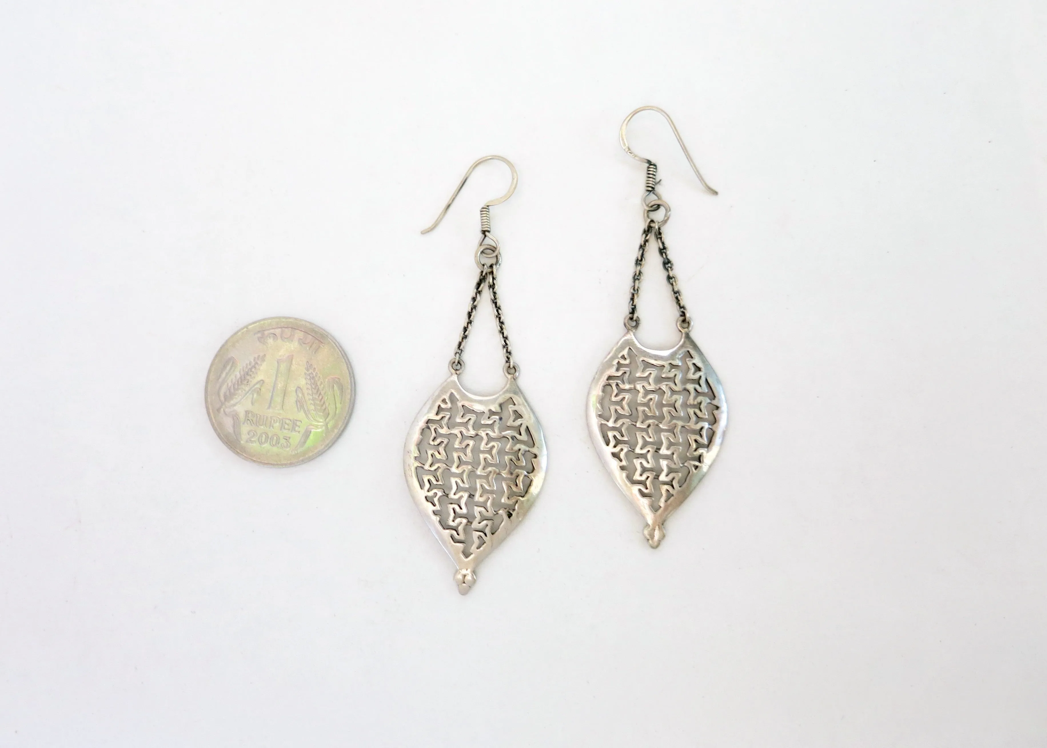 Artistic, long, hanging, cut-work lattice earrings