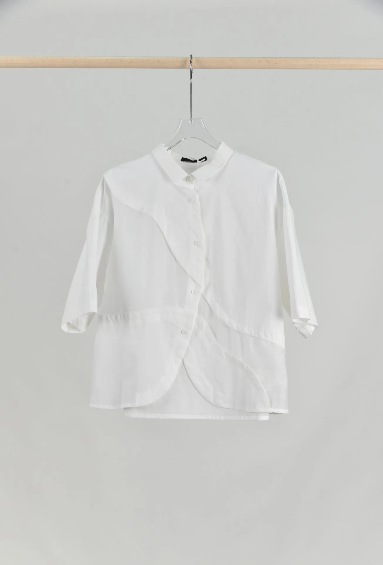 Artistic Retro Design Curved Split Patchwork Lapel Short Sleeve Shirt