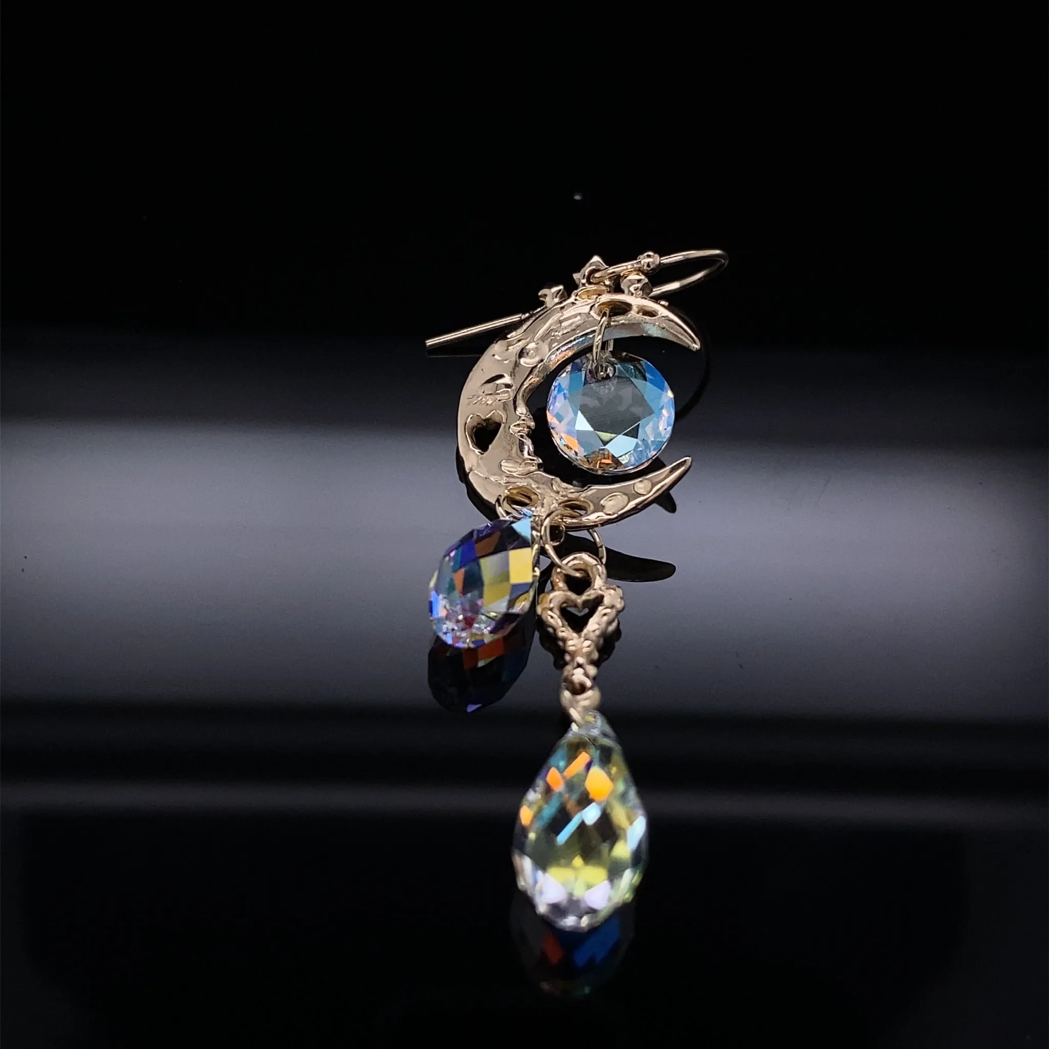 Aurora Borealis Moon Crystal Dangle Earrings, Yellow Gold