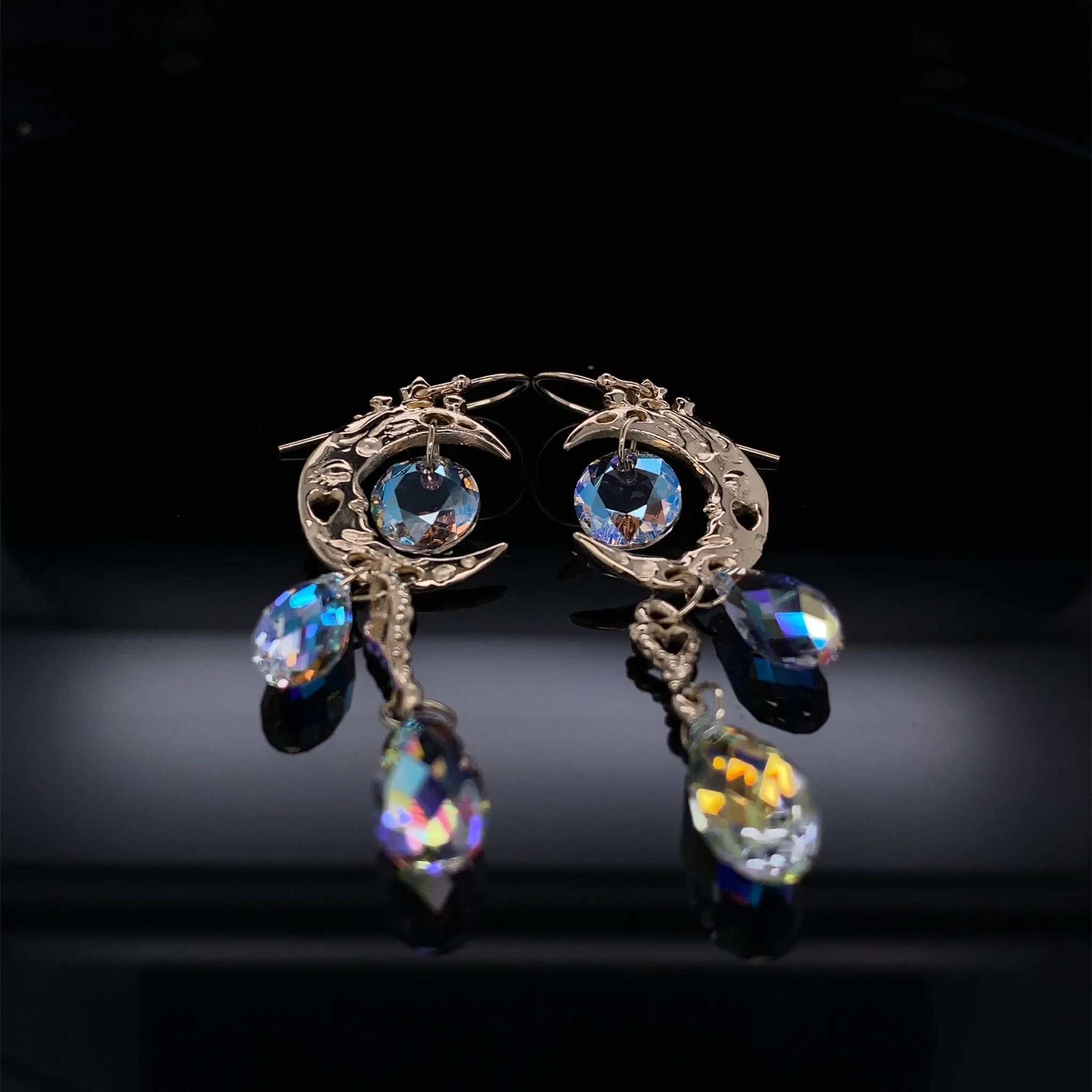 Aurora Borealis Moon Crystal Dangle Earrings, Yellow Gold