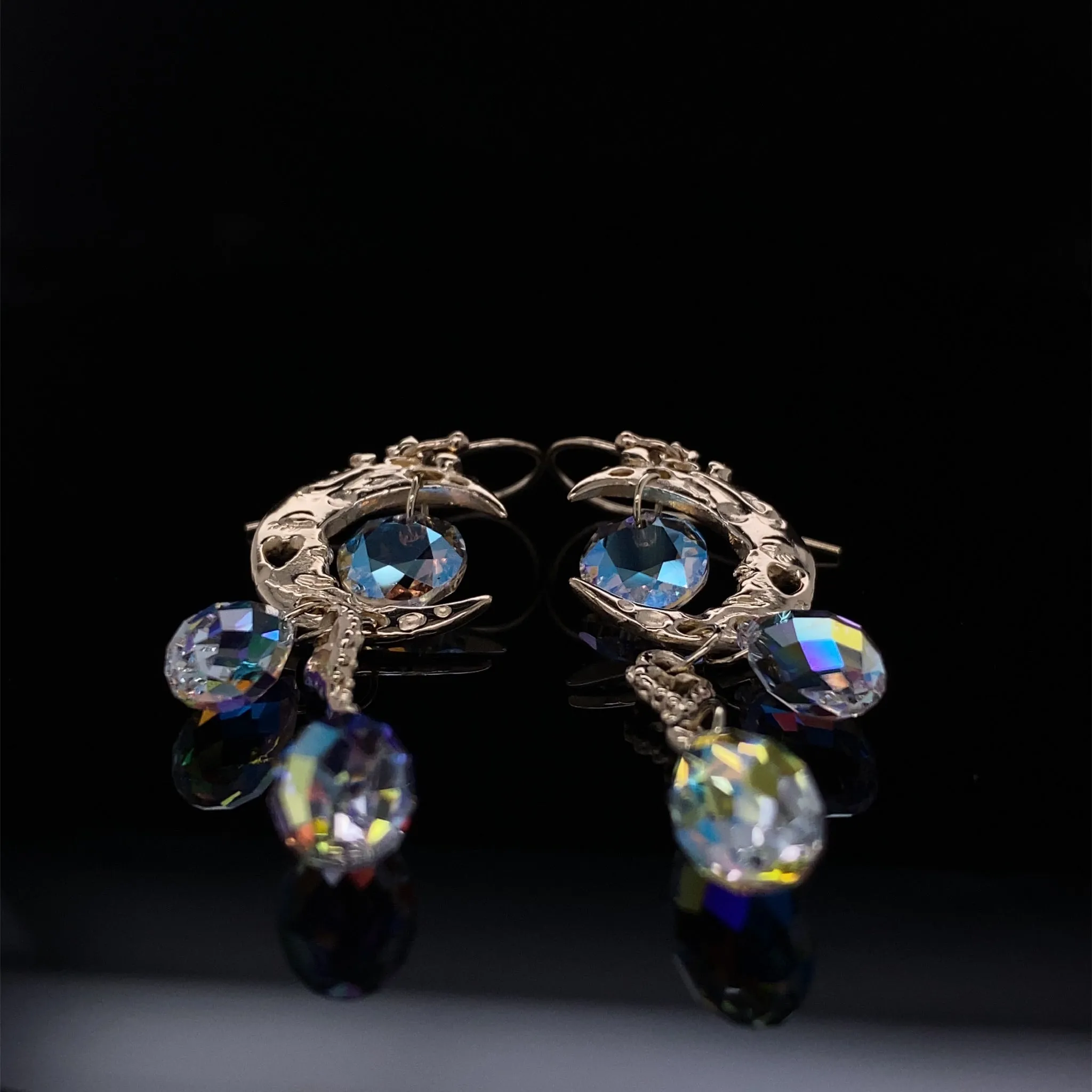 Aurora Borealis Moon Crystal Dangle Earrings, Yellow Gold