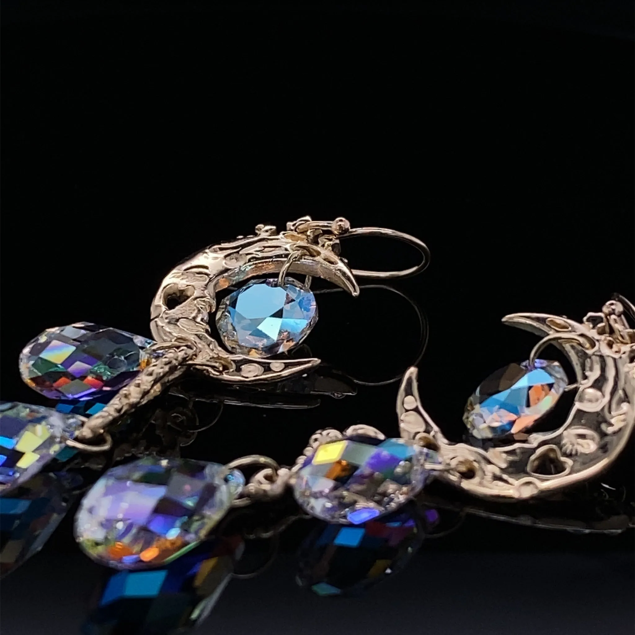 Aurora Borealis Moon Crystal Dangle Earrings, Yellow Gold