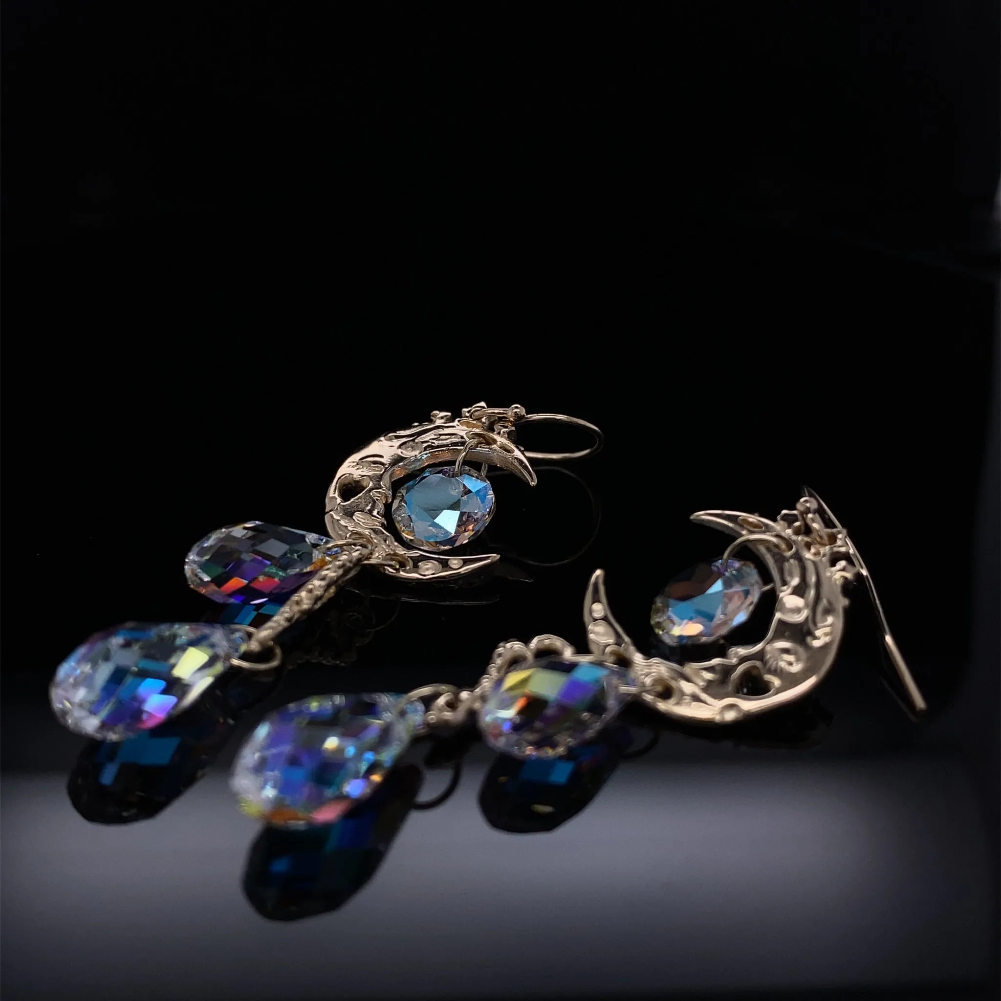 Aurora Borealis Moon Crystal Dangle Earrings, Yellow Gold