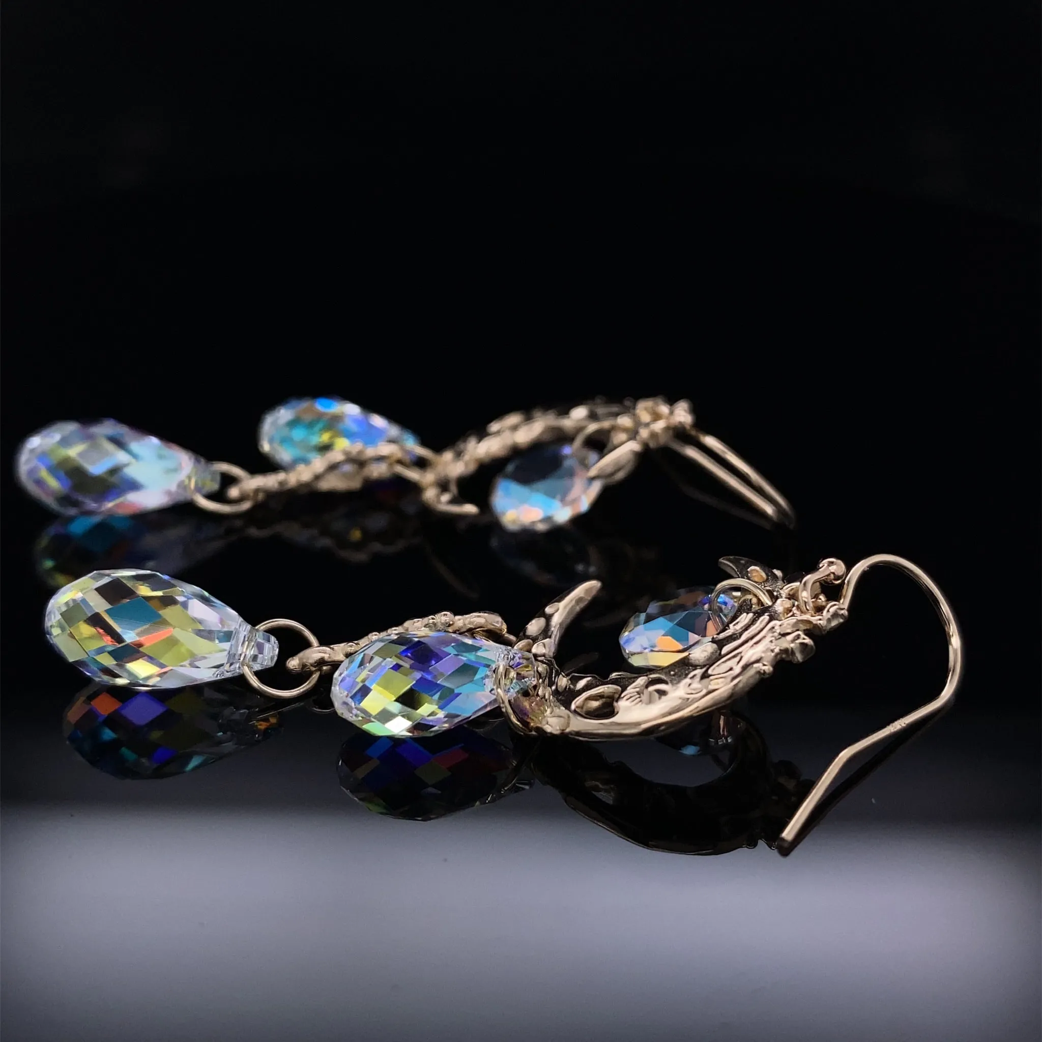 Aurora Borealis Moon Crystal Dangle Earrings, Yellow Gold