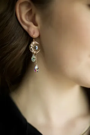 Aurora Borealis Moon Crystal Dangle Earrings, Yellow Gold