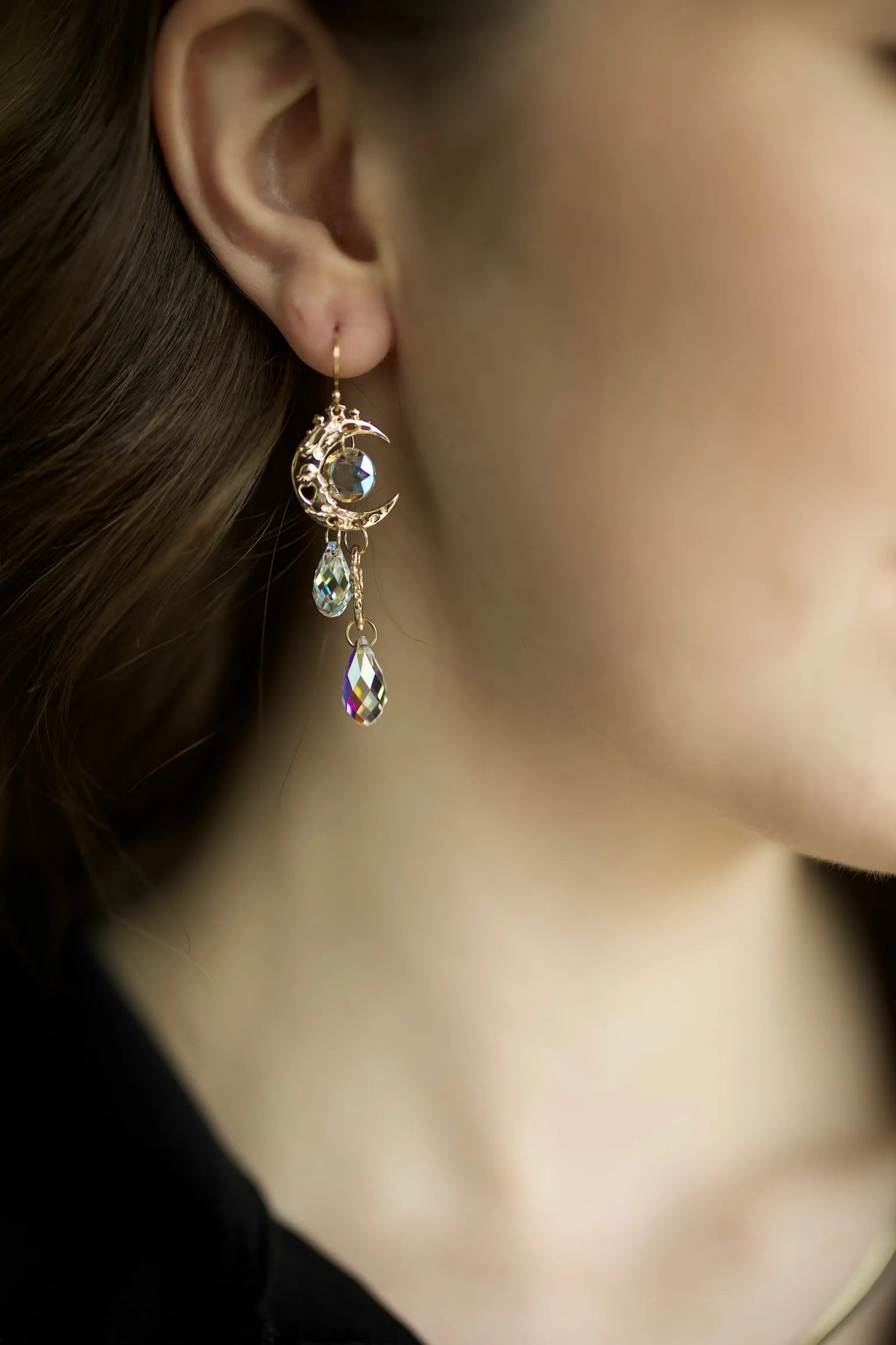 Aurora Borealis Moon Crystal Dangle Earrings, Yellow Gold