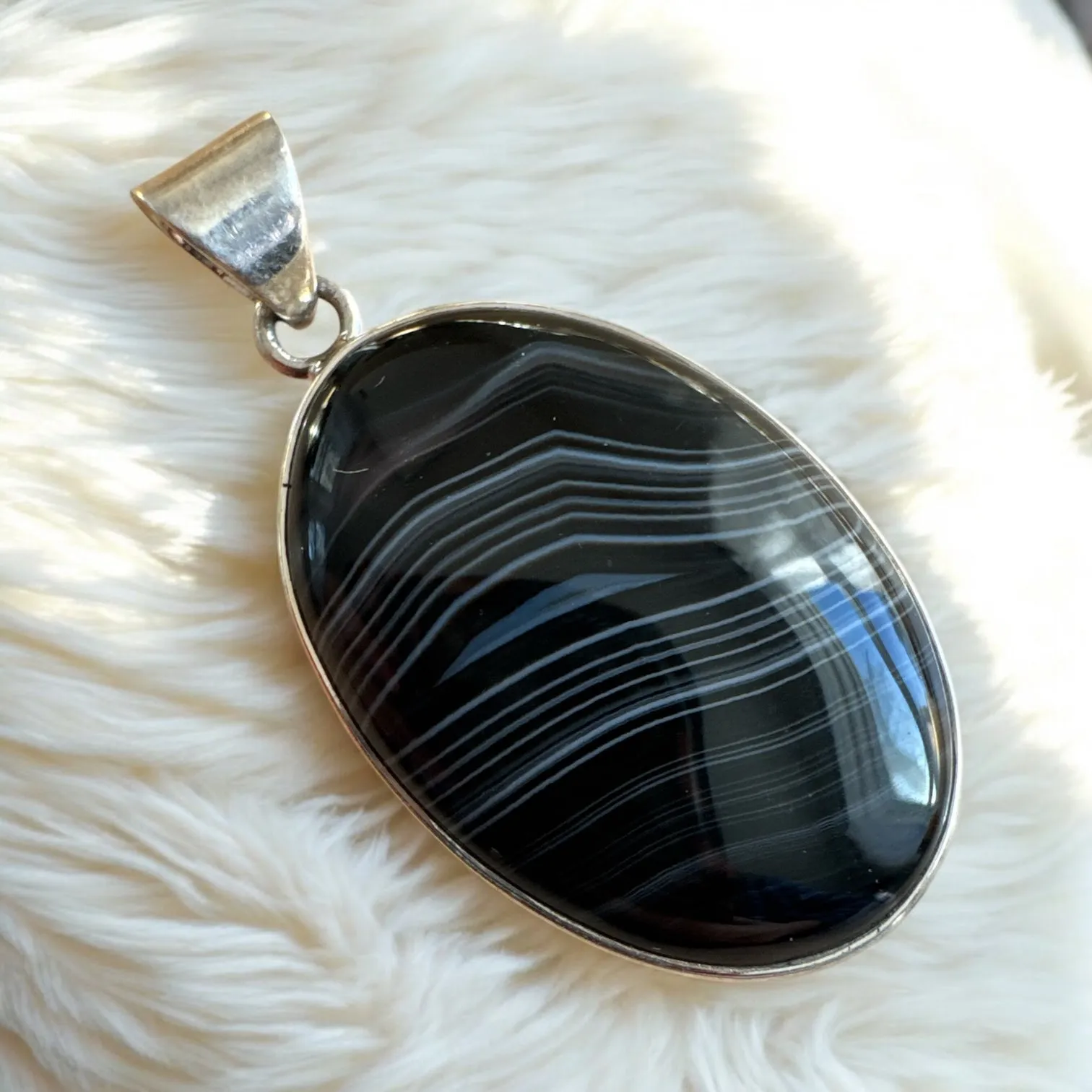 Banded Black Agate Solid 925 Sterling Silver Pendant