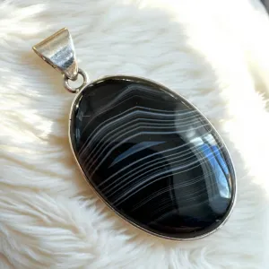 Banded Black Agate Solid 925 Sterling Silver Pendant