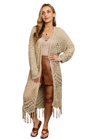 Beige Boho Plus Size 1XL Western Knit Fringe Cardigan