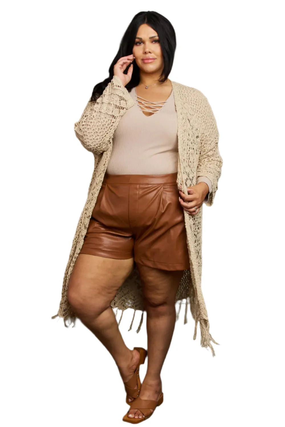 Beige Boho Plus Size 1XL Western Knit Fringe Cardigan