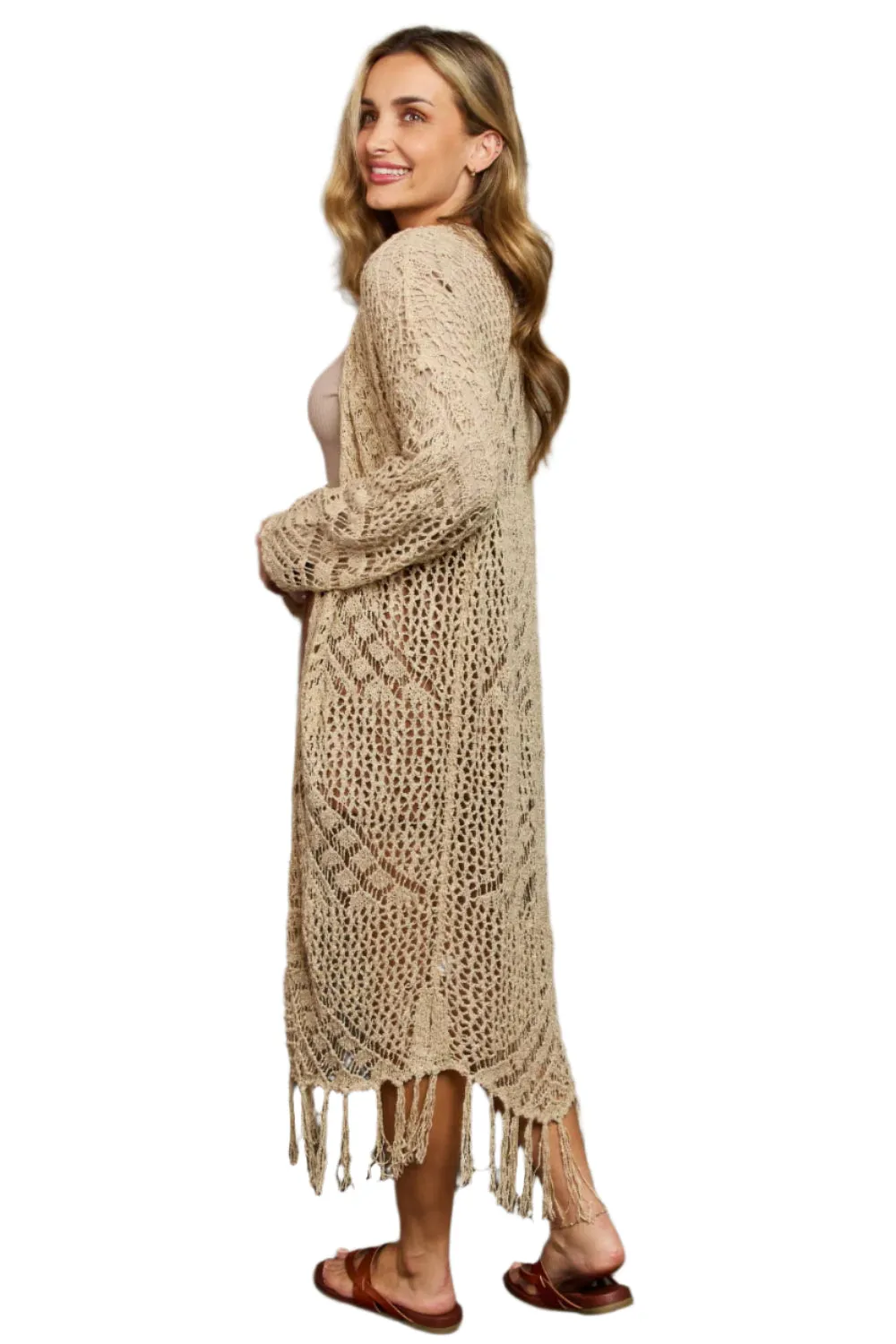 Beige Boho Plus Size 1XL Western Knit Fringe Cardigan