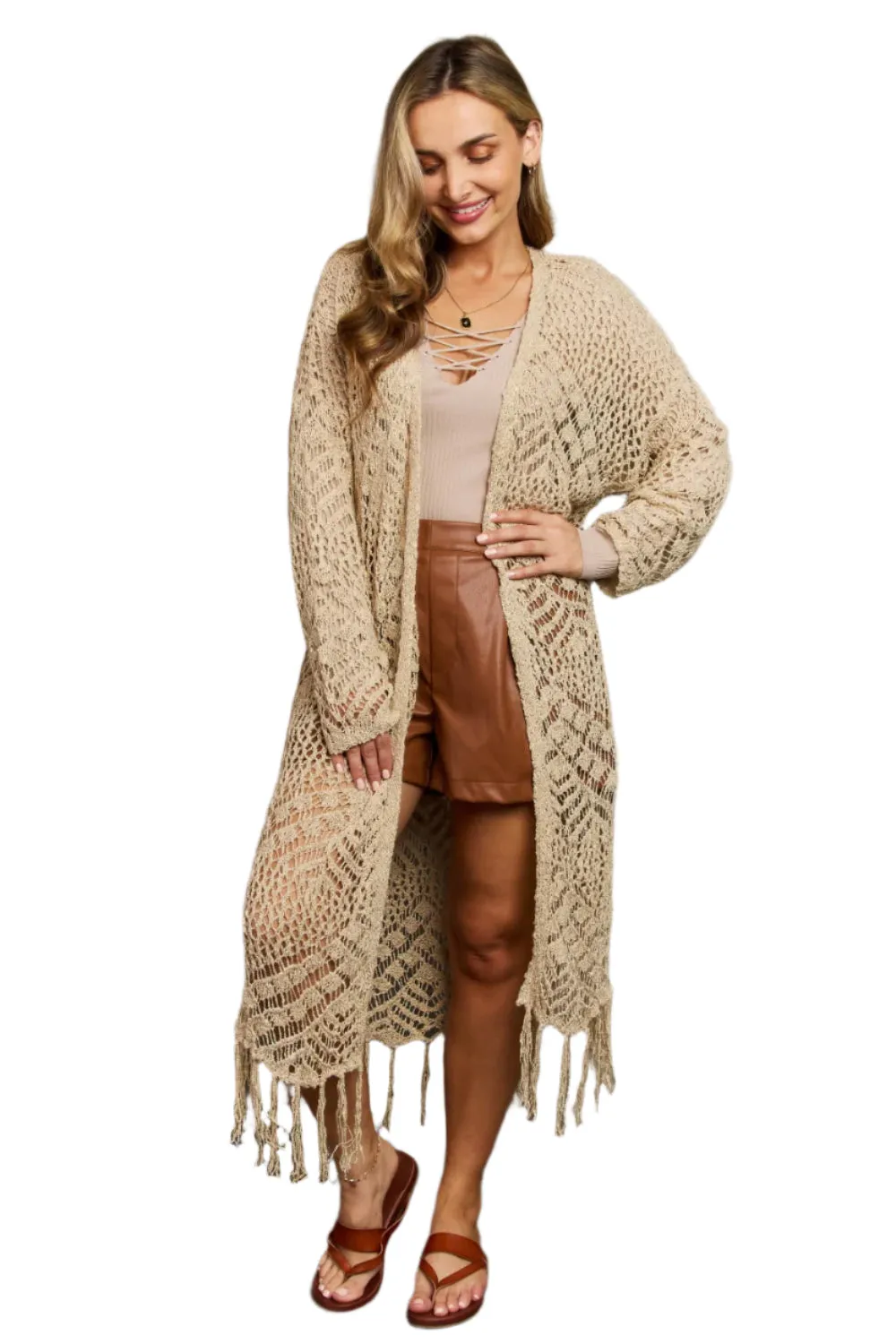 Beige Boho Plus Size 1XL Western Knit Fringe Cardigan