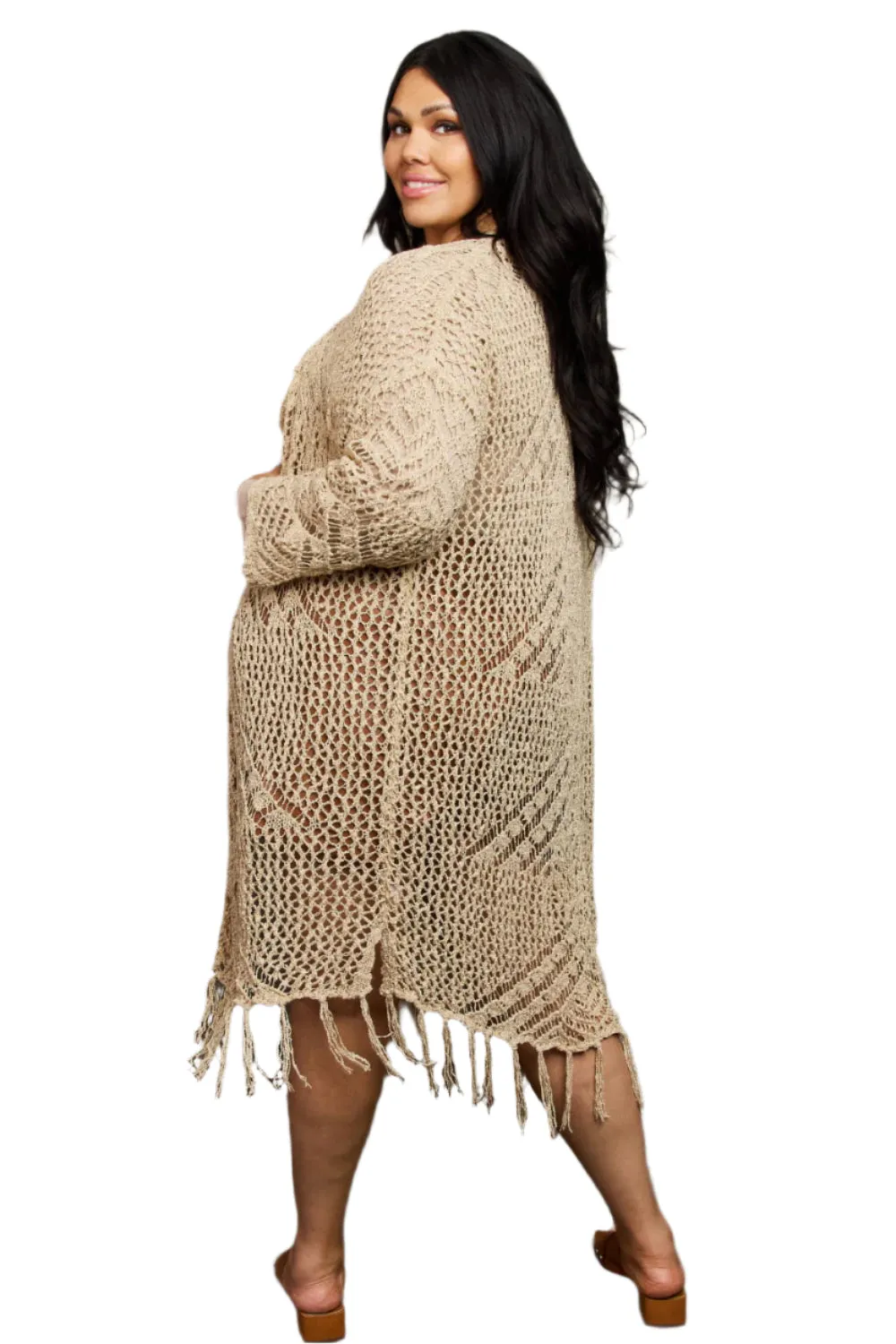 Beige Boho Plus Size 1XL Western Knit Fringe Cardigan