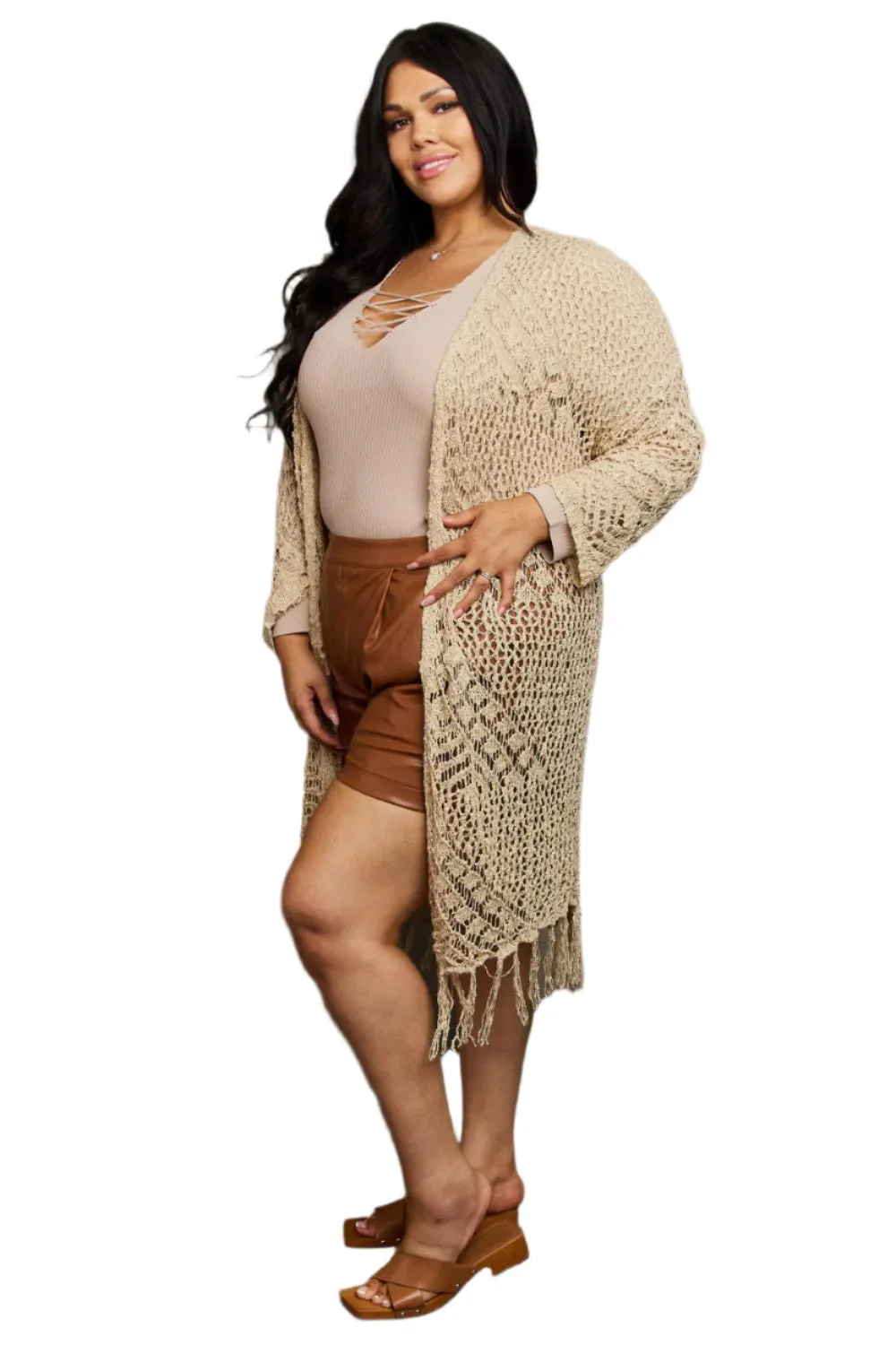 Beige Boho Plus Size 1XL Western Knit Fringe Cardigan