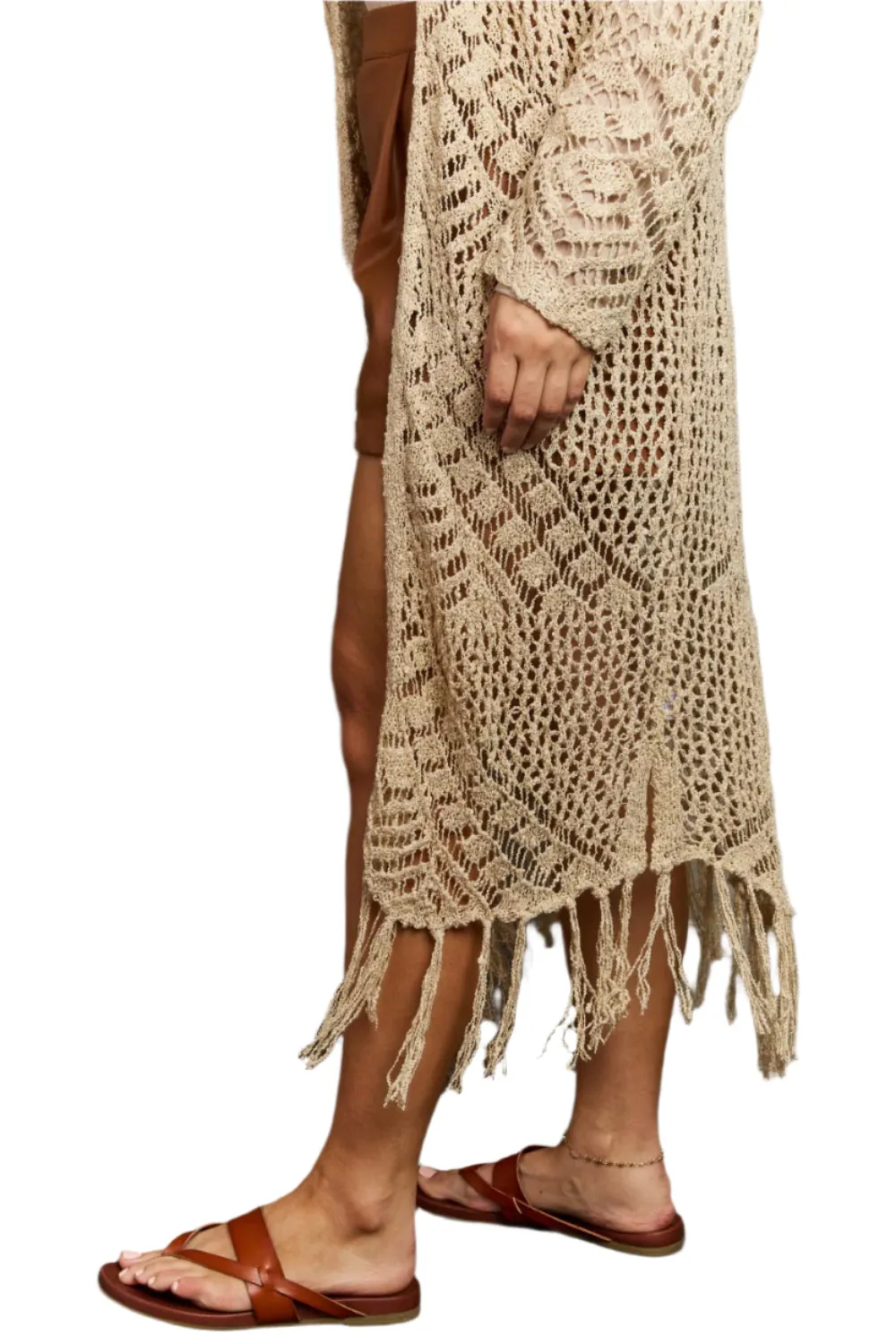 Beige Boho Plus Size 1XL Western Knit Fringe Cardigan
