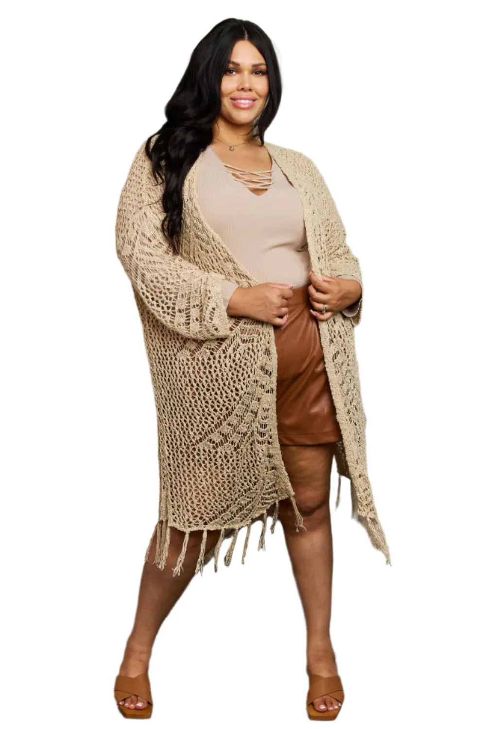 Beige Boho Plus Size 1XL Western Knit Fringe Cardigan