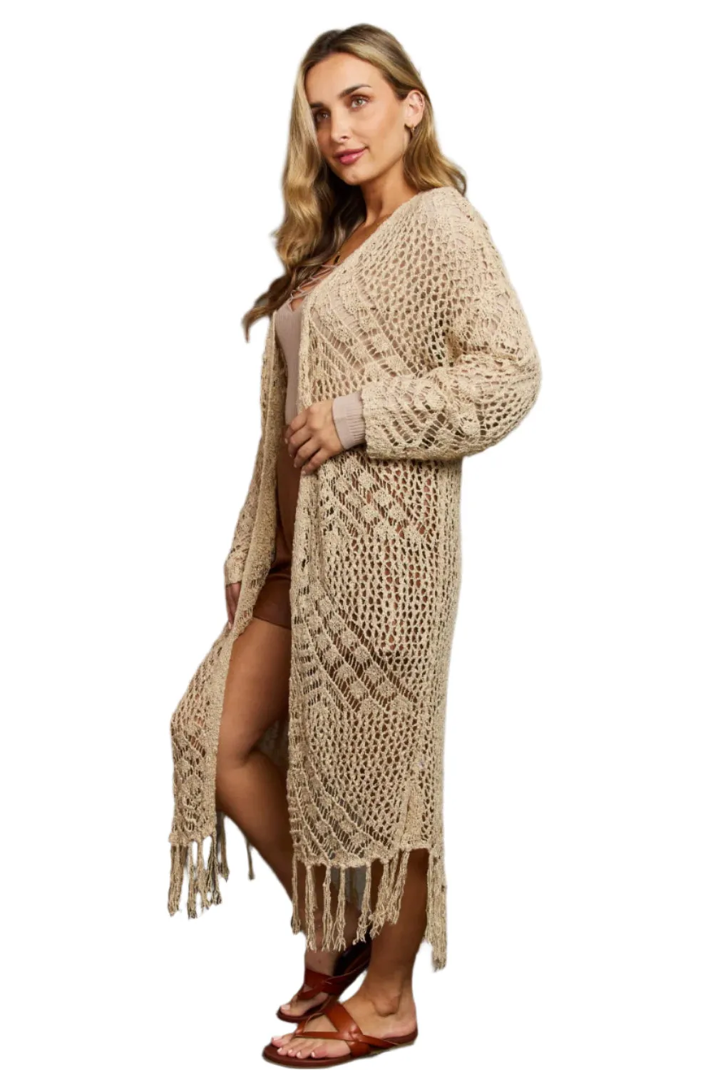 Beige Boho Plus Size 1XL Western Knit Fringe Cardigan