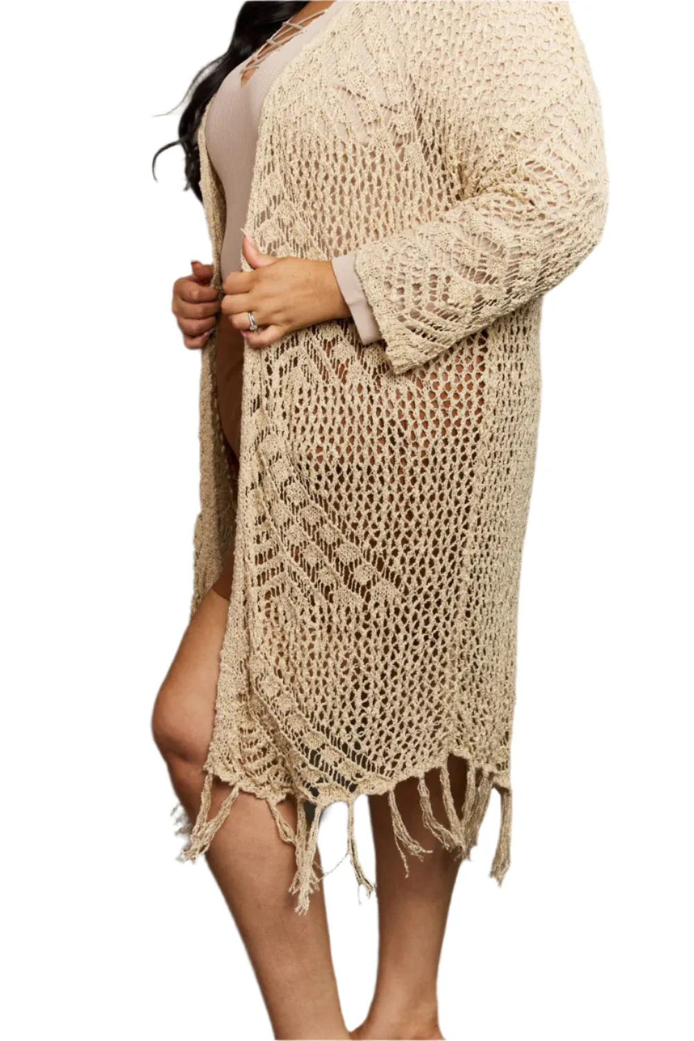 Beige Boho Plus Size 1XL Western Knit Fringe Cardigan