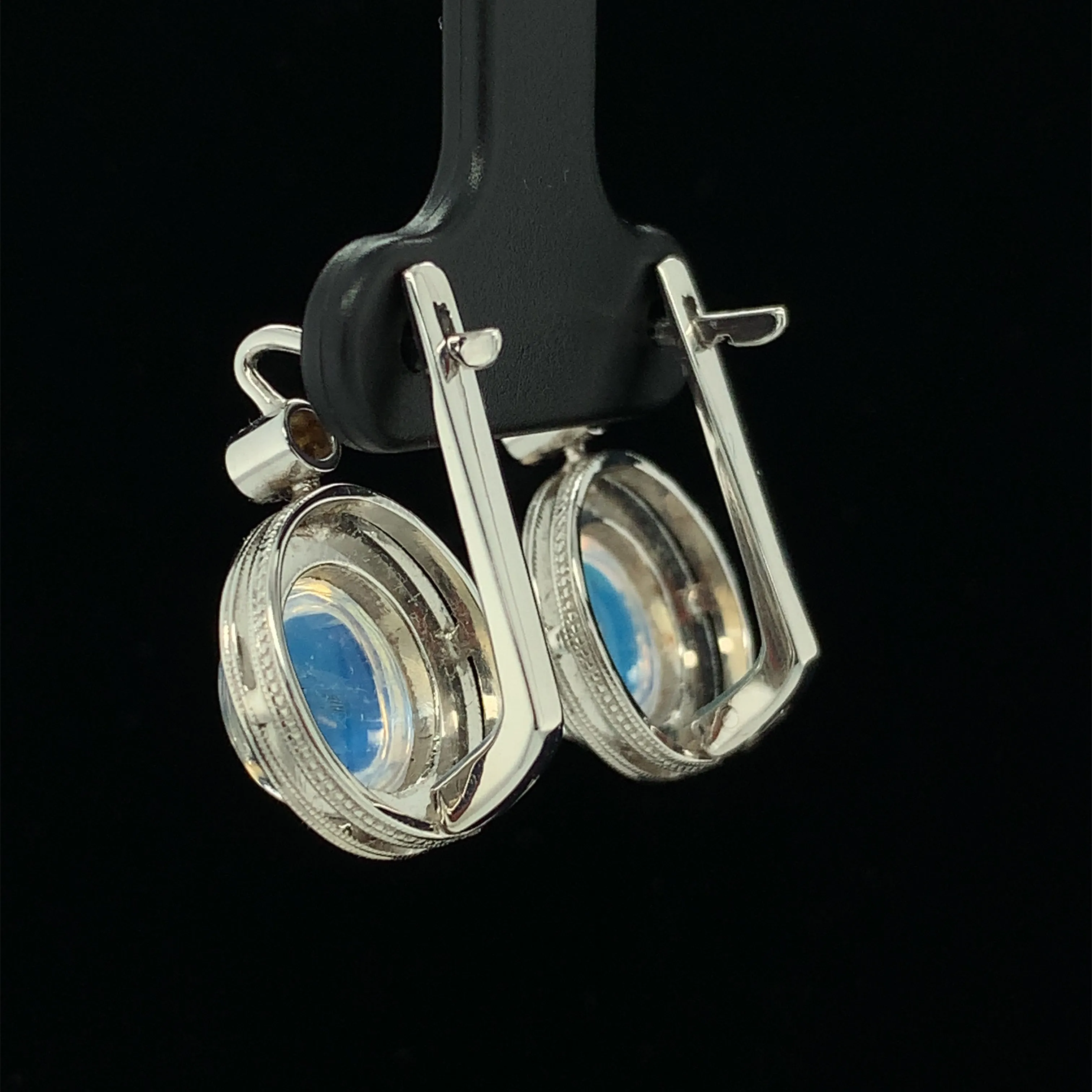 Bezel Set Blue Flash Moonstone Oval White Gold Lever Back Engraved Drop Earrings